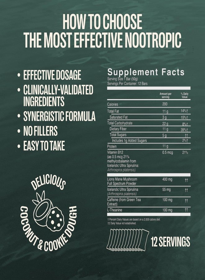 ORLO BRAIN PERFORMANCE BAR – Vegan Protein Bars for Brain & Energy Support – Focus & Memory, Pre & Post Workout Recovery – Gluten Free Snack with L-Theanine, Lions Mane, Spirulina & More (12 Bars) - Image 3